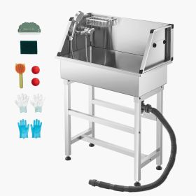 34 Inch Stainless Steel Dog Washing Station, Pet Grooming Tub with Hot & Cold Faucet, Showerhead, Storage Rack, No-Bend All-in-One Bathtub
